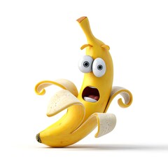 Funny cartoon banana character with wide eyes and open mouth expressing shock isolated on white background