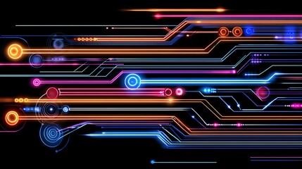 Obraz premium A vibrant, futuristic background featuring colorful neon lines and circuit patterns. This design embodies technological innovation and creativity, perfect for digital projects.