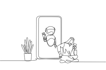 Continuous one line drawing Arab man sits cross legged holds smartphone and big smartphone with robot. Advanced tech. International Virtual Assistants Day. Single line draw design vector illustration