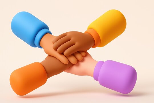 Diverse hands interlocking in a symbol of unity and teamwork, representing global cooperation and partnership