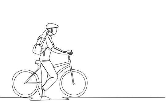 Continuous one line drawing businesswoman with bicycle helmet, carrying backpack and pushing her bicycle. Take a break. Biker. National Bike to Work Day. Single line draw design vector illustration