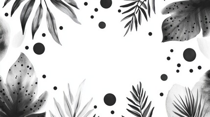 Abstract monochrome tropical leaf frame with black accents on white background.