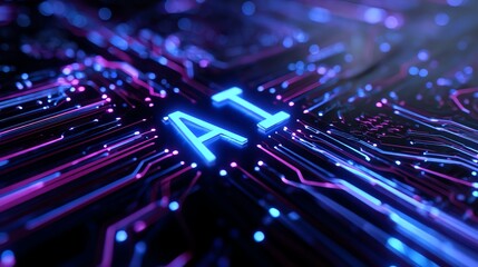 A vibrant close-up of a circuit board featuring glowing lines and the letters 'AI' signifying artificial intelligence