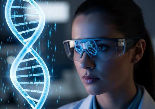 Scientist wearing safety glasses examines a glowing blue dna double helix structure in a futuristic laboratory
