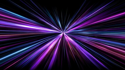 Fototapeta premium An abstract image featuring dynamic lines radiating from a central point, creating a vivid display of purple and blue colors against a black background