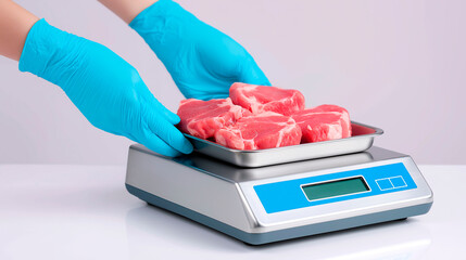 Gloved hands placing metal tray with raw pork chops on electronic kitchen scale in clean sterile environment