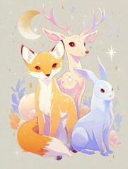Stylized fox deer and rabbit sitting together with whimsical moon and star elements