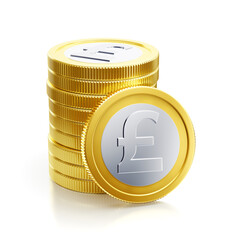 The pound sterling coins. Composition featuring ten metallic coins with the pound sterling symbol on them, all set against a white reflective background. 3D rendered graphics.