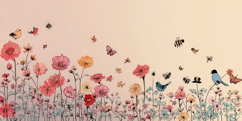 Vibrant field of illustrative blooming flowers with various birds butterflies and bees