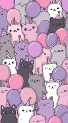 Numerous cartoon cats wearing party hats surrounded by pastel balloons seamless pattern