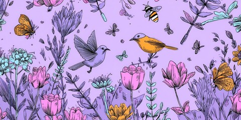 Vibrant whimsical illustration diverse blooming flowers flying birds butterflies and a bee