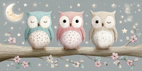 Three charming pastel owls on a flowering branch with a crescent moon and twinkling stars