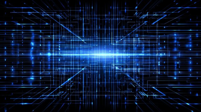 This abstract image features a dynamic blue digital background with glowing lines and futuristic patterns, ideal for technology, data visualization, and digital communication theme