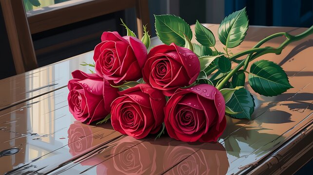 Red roses bouquet on rustic vintage wooden table with textured background symbolizing romance, love and passion