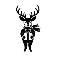 Festive reindeer with antlers scarf holding gift box celebrating christmas holiday spirit silhouette