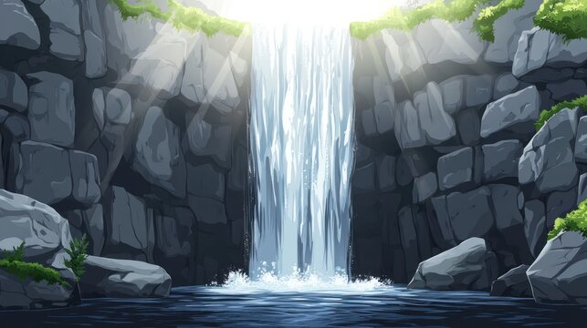 Majestic waterfall cascading down rocky cliffs into a serene pool, sunlit scene.