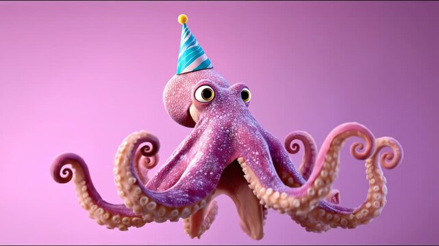 A whimsical pink octopus wearing a party hat, tentacles curled, stands against a gradient pink backdrop, a celebration of sorts