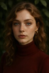 Young redhead woman with blue eyes and freckles wearing a dark red turtleneck, looking directly at camera, natural light