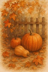 Pumpkins and gourds lying on fallen autumn leaves near a rustic wooden fence with maple branches hanging, watercolor painting