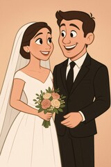 Happy bride and groom smiling on their wedding day, celebrating marriage and love. Cartoon character illustration