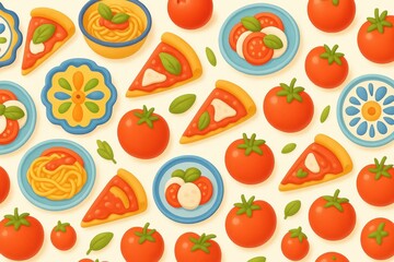 Seamless pattern of Italian food with pizza slices, pasta, and fresh tomatoes