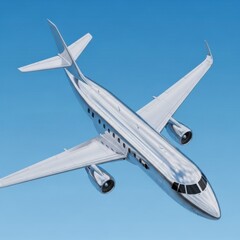 Shiny Silver Jet Airplane in Flight, Glossy and Sleek Against a Blue Sky