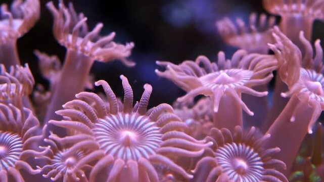 An extreme macro close-up video of a vibrant pink soft coral, polyps gently swaying in underwater currents against a blurred indigo-violet background. Serene underwater ecosystem