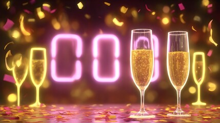 Celebration with champagne glasses and confetti at countdown timer for New Year’s Eve