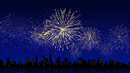 Colorful fireworks light up the night sky above a city skyline during a festive celebration