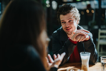 A warm scene depicting two people conversing, smiling, and sharing thoughts while sitting at a table in a cozy, well-lit cafe atmosphere.