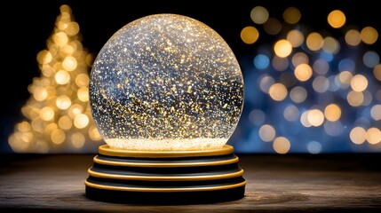 Sparkling snow globe with golden shimmer and blurred holiday lights in the background