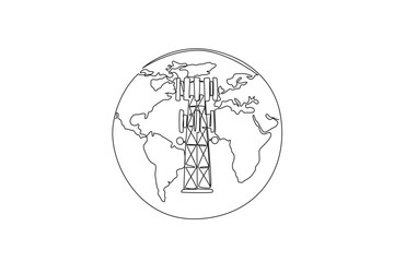 Continuous one line drawing full globe with a transmitter tower in the middle. Communication tower. World Telecommunication and Information Society Day. Single line draw design vector illustration