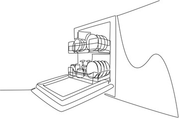 Single continuous line drawing rows of plates, bowls, glasses, mugs in an open dishwasher. Clean and neat kitchen layout. Modern. National No Dirty Dishes Day. One line design vector illustration