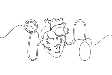 Continuous one line drawing heart with pumps and blood pressure meters at the ends. Health conscious equipment. Healthy living. World Hypertension Day. Single line draw design vector illustration