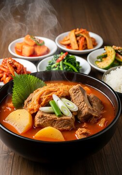 Korean braised short ribs accompanied by diverse panchan creating a flavorful dining experience