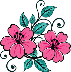 Pink Flowers with Teal Leaves and Swirls on White background vector illustration EPS file download.
