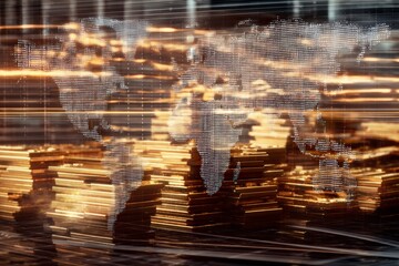 World map overlay on digital data stream, illustrating global connectivity, technology advancements, and international digital transformation trends.