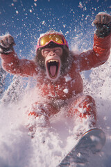 Adventure mood - monkey in pink ski gear is going down the snow, winter vacation in the mountains.