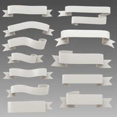 Curved 3D ribbon banner with a blank waving label. Retro-style text frame for emblems, badges, or title tags. Realistic white fabric scroll ribbons, provided as isolated decorative vector templates.
