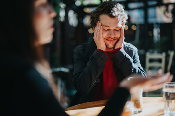 A thoughtful moment shared between a man and a woman in an outdoor cafe, highlighting emotions of contemplation and communication, bathed in natural light creating a serene atmosphere.