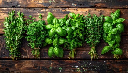 Flat Lay of Fresh Herbs on Rustic Wooden Surface Assorted Green Herbs Arranged in Geometric Bunches on Dark Brown Wood Overhead Lighting Creates Natural Texture