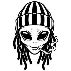 Smoking Alien with Dreadlocks and Beanie Vector Illustration, Extraterrestrial, Rasta, Weed, Funny, Hippie