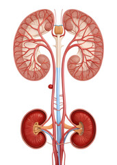 Detailed 3D Anatomical Illustration of the Human Kidneys, Renal Vasculature, and Ureters Cross-Sectional View of the Urological System Showing Cortex, Medulla, and Major Blood Vessels