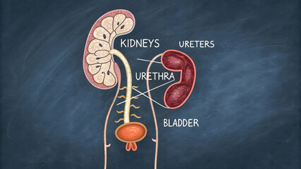 Hand-Drawn Chalkboard Sketch of the Human Urinary System Anatomy Lesson Digital Chalk Illustration of the Kidneys, Ureters, and Bladder