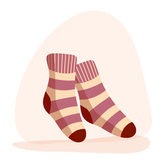 Illustration of cozy striped socks in warm tones, perfect for a warmth during chilly days. Hand drawn design for Autumn harvest holiday, Thanksgiving, Halloween, seasonal, textile, scrapbooking.
