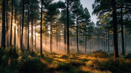 Obraz premium out in the forest - fog - sunlight