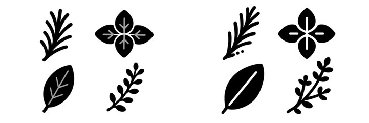 Various black and white leaf and flower designs on a simple background
