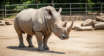 Naklejka premium Magnificent rhinoceros standing strong in its environment, a symbol of endangered wildlife and conservation efforts