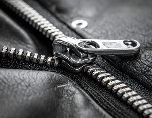 Close-up of a zipper on black leather jacket