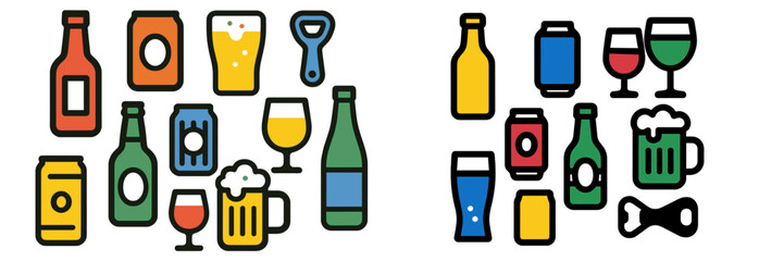 Colorful assortment of beverage icons showcasing various drinks and beer bottles on a bright background